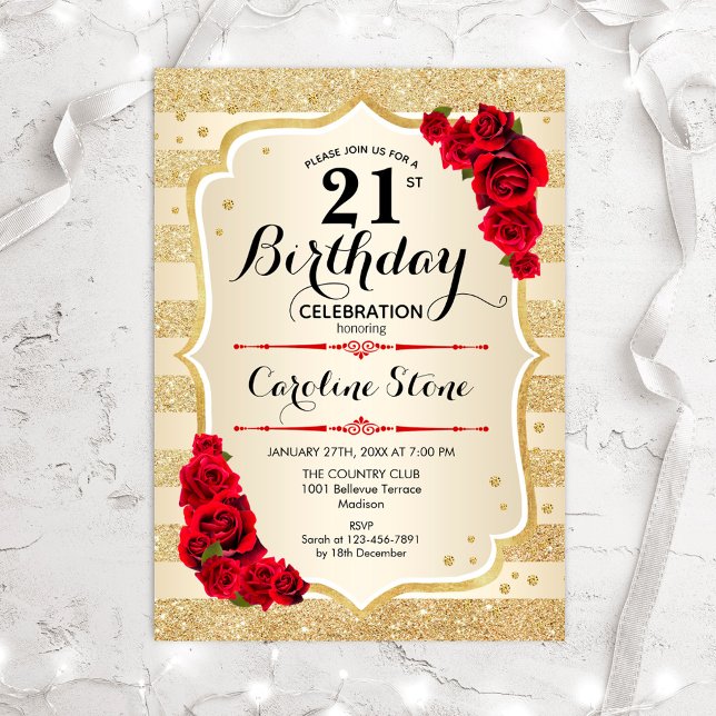 21st Birthday - Gold Stripes Roses Invitation (Creator Uploaded)