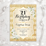 21st Birthday - Gold Stripes White Roses Invitation<br><div class="desc">21st Birthday Invitation. Elegant floral design in gold and white. Features faux glitter gold stripes,  white roses stylish script font and confetti. Perfect for a glam birthday party.</div>