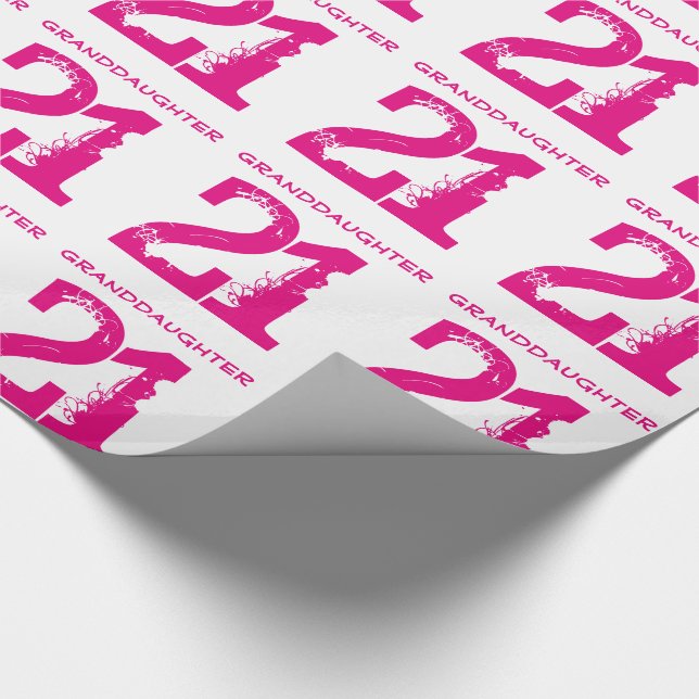 21st Birthday granddaughter, pink text on white. Wrapping Paper (Corner)