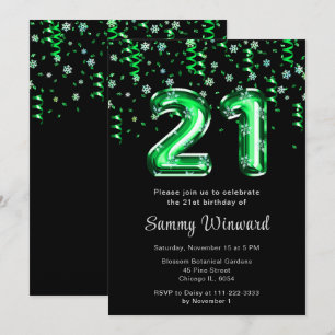 21st Birthday Green Balloons Snowflake Confetti Invitation