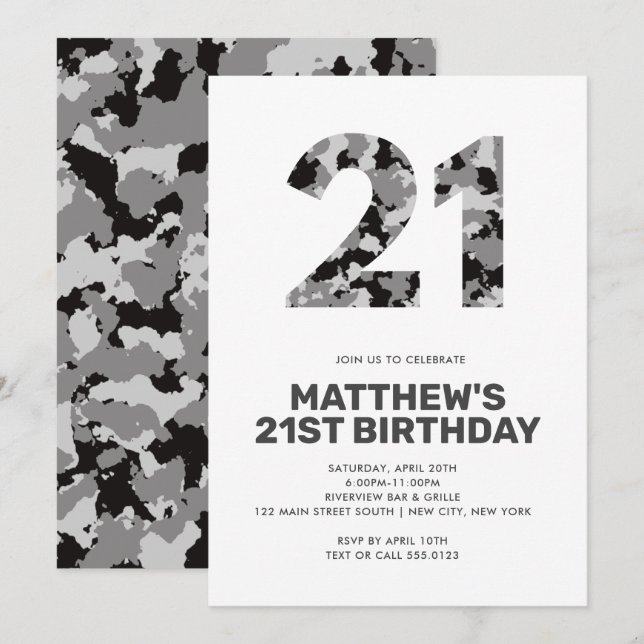 21ST Birthday, Grey Camo Personalized Invitation (Front/Back)