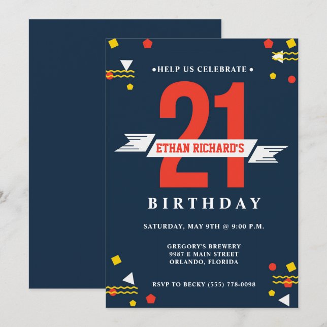 21st Birthday Guys Navy Blue Brewery Party Invite (Front/Back)