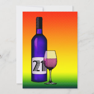 21st birthday : halftone wine bottle and glass invitation