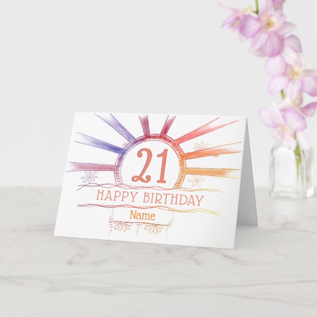 21st Birthday - hand drawn multi-colored sunburst Card (Orchid)