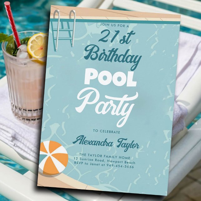 21st Birthday Ideas Summer Pool Party Teal Aqua Invitation (21st birthday party ideas summer pool party backyard outdoors invitations templates personalized)