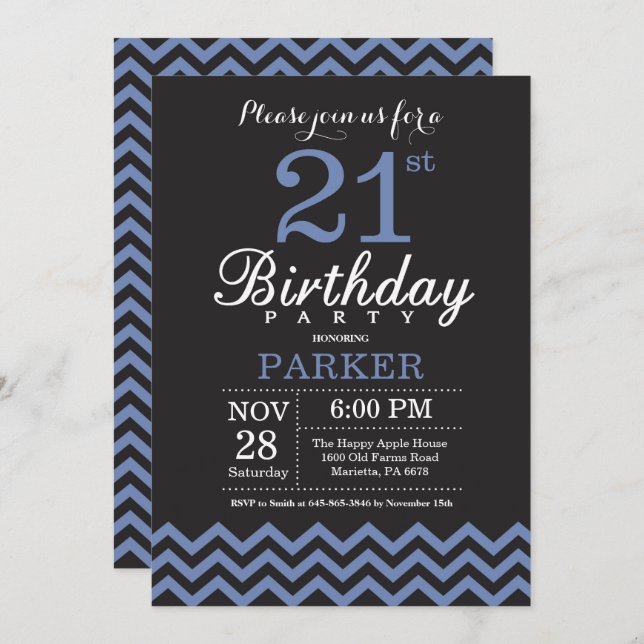 21st Birthday Invitation Black and Blue (Front/Back)