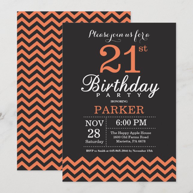 21st Birthday Invitation Black and Coral Chevron (Front/Back)
