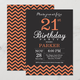 21st Birthday Invitation Black and Coral Chevron