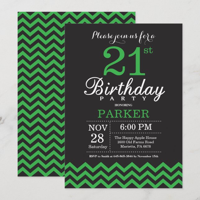 21st Birthday Invitation Black and Green Chevron (Front/Back)