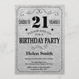 21st Birthday Invitation Black and Silver Glitter