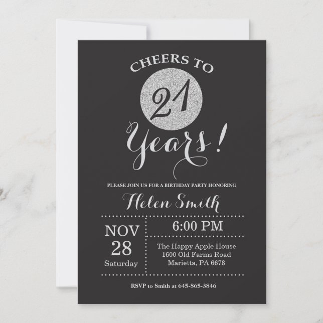 21st Birthday Invitation Black and Silver Glitter (Front)