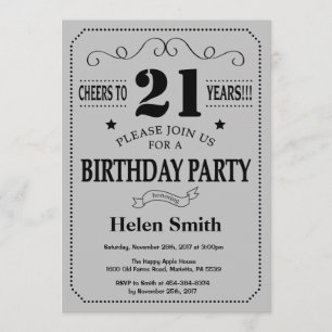 21st Birthday Invitation Black and Silver Grey