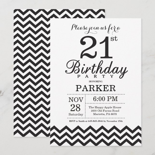 21st Birthday Invitation Black and White Chevron (Front/Back)