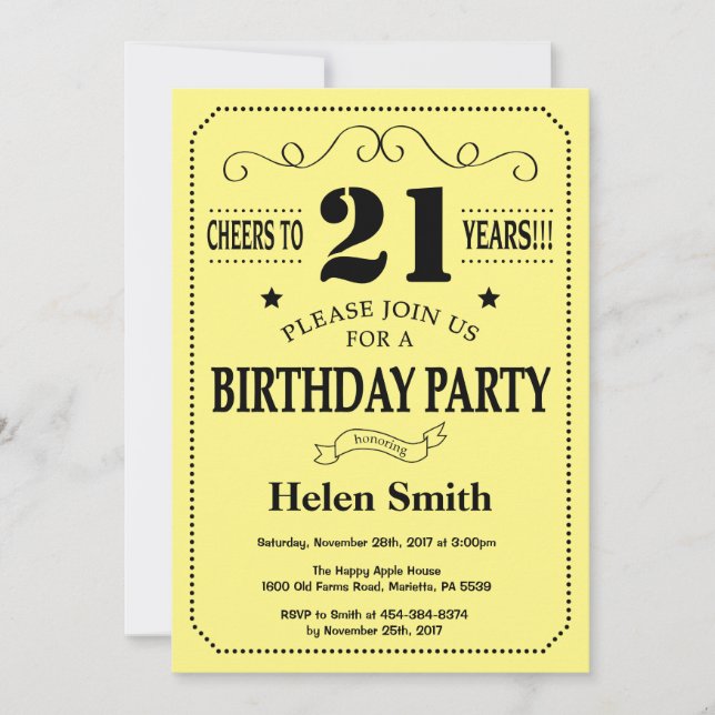 21st Birthday Invitation Black and Yellow (Front)