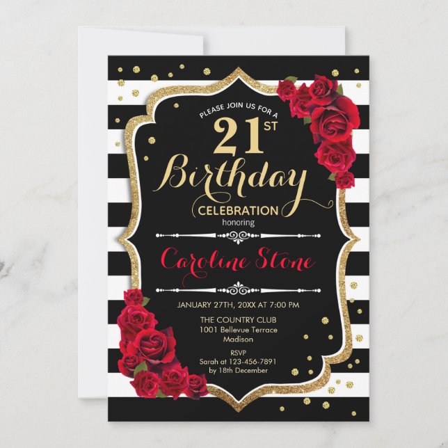 21st Birthday Invitation Black White Stripes Roses (Front)