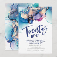 21st Birthday Invitation Blue Abstract Watercolor