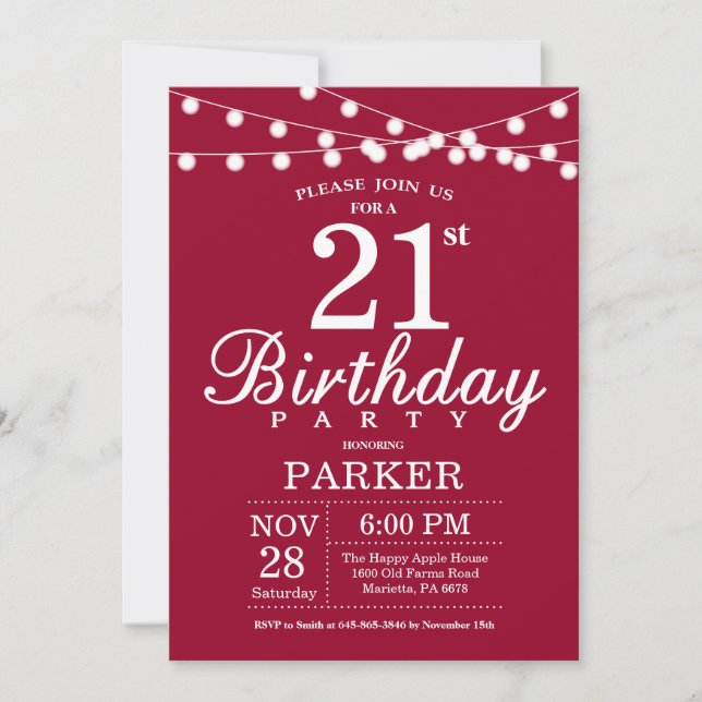 21st Birthday Invitation Burgundy Red (Front)