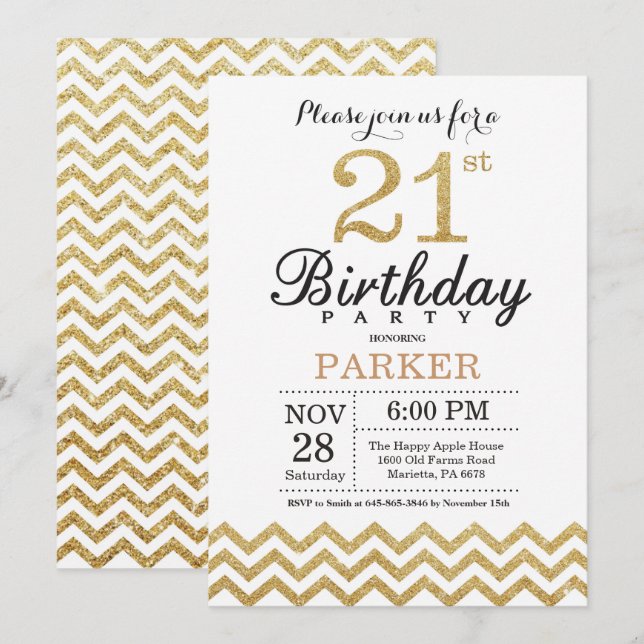 21st Birthday Invitation Gold Glitter (Front/Back)