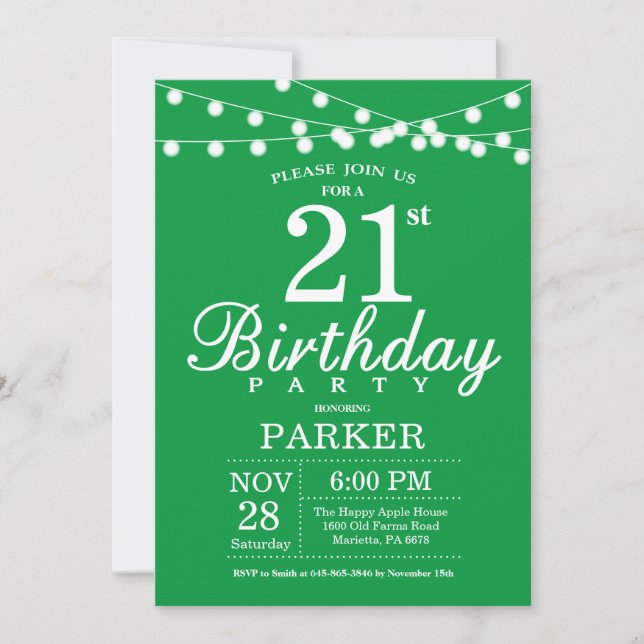 21st Birthday Invitation Green (Front)