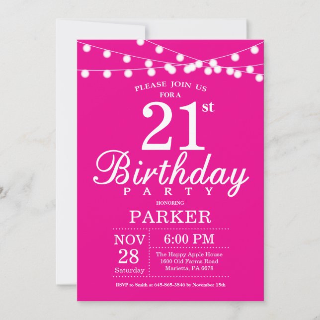 21st Birthday Invitation Hot Pink (Front)