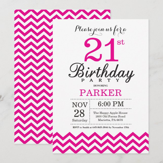 21st Birthday Invitation Hot Pink Chevron (Front/Back)