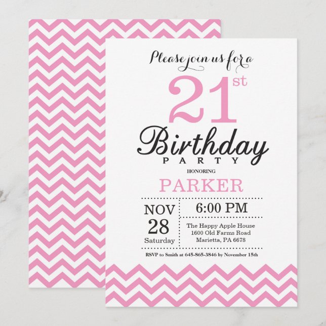 21st Birthday Invitation Pink Chevron (Front/Back)