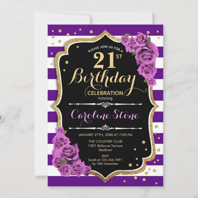 21st Birthday Invitation Purple Gold With Roses (Front)
