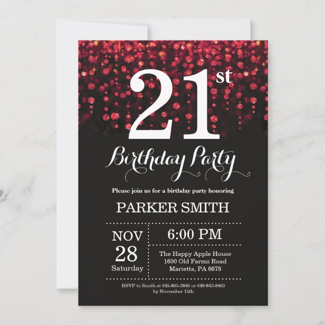 21st Birthday Invitation Red Glitter (Front)