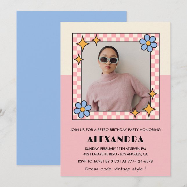 21st birthday invitation Retro Groovy Pink Flowers (Front/Back)