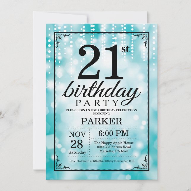 21st Birthday Invitation Teal Glitter (Front)