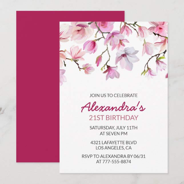 21st birthday invitation Watercolor Floral Simple (Front/Back)