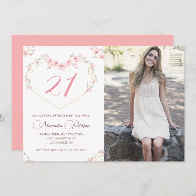 21st birthday invitations Boho Floral Photo (Front/Back)