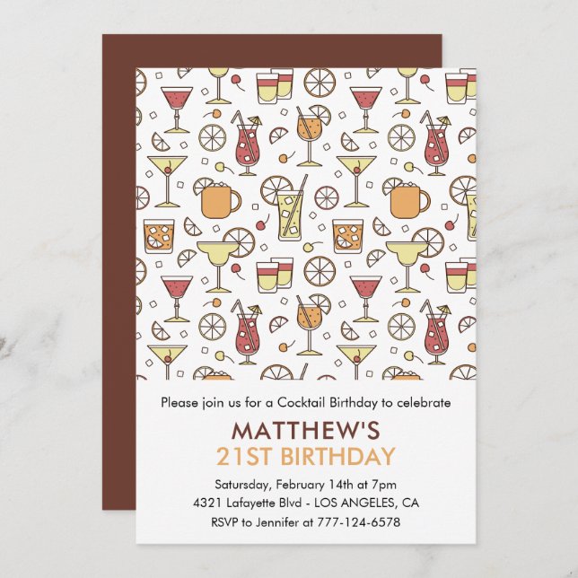 21st birthday invitations Cocktail Pattern Modern (Front/Back)
