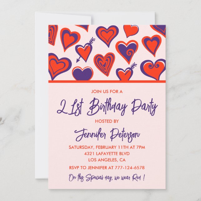 21st birthday invitations Glam Cute Red Heart  (Front)