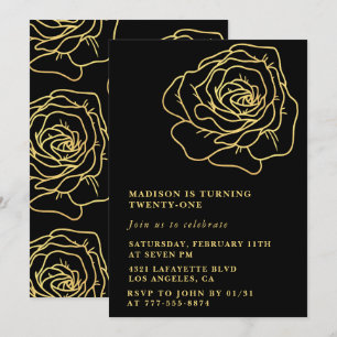 21st birthday invitations Gold Black Flowers
