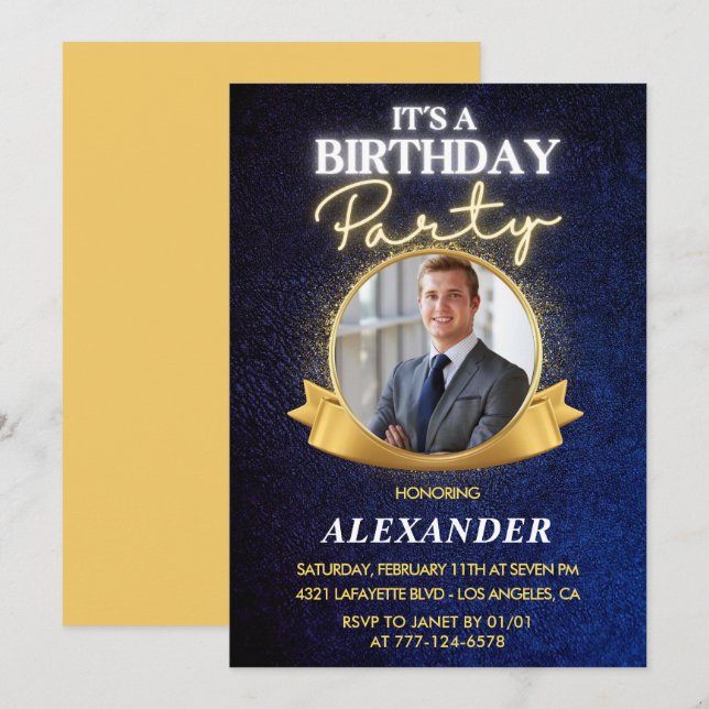 21st birthday invitations Men Badge Photo Gold (Front/Back)