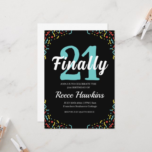 21st birthday invitations modern black and white (Front/Back In Situ)