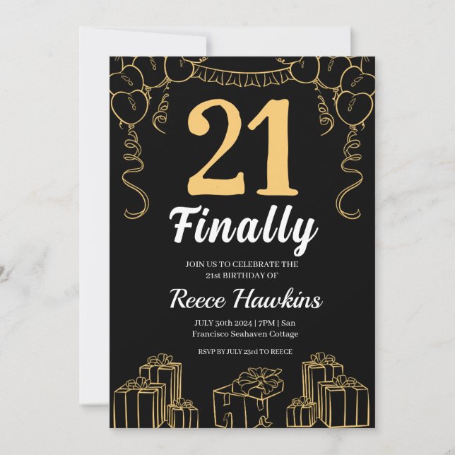 21st birthday invitations modern black and white (Front)