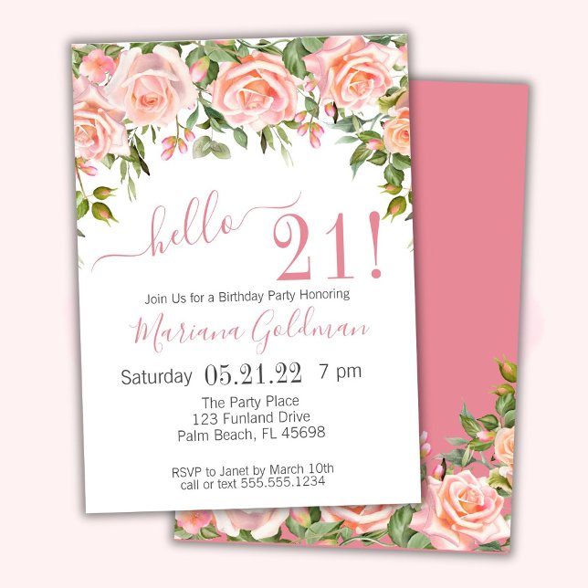 21st Birthday Invitations Pink Floral Modern Party (Creator Uploaded)