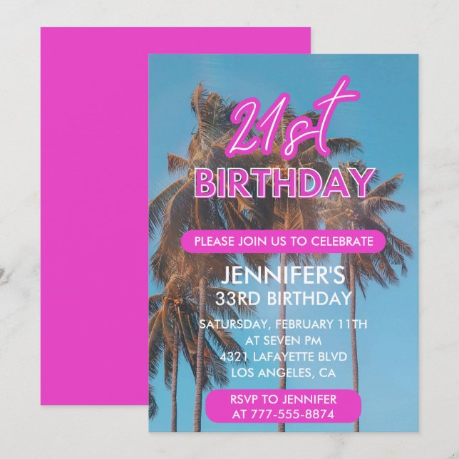 21st birthday invitations Pink Tropical (Front/Back)