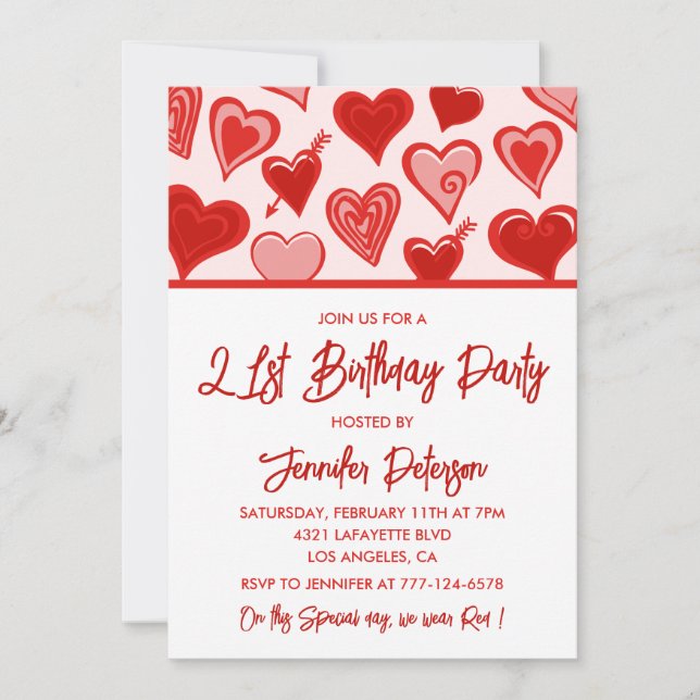 21st birthday invitations Red Pink Hearts (Front)