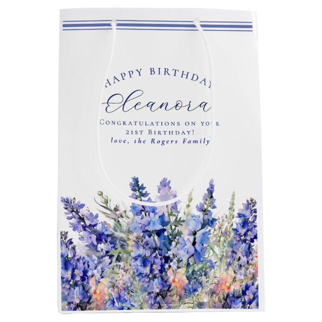 21st Birthday July Birth Month Flower Blue Medium Gift Bag (Front)