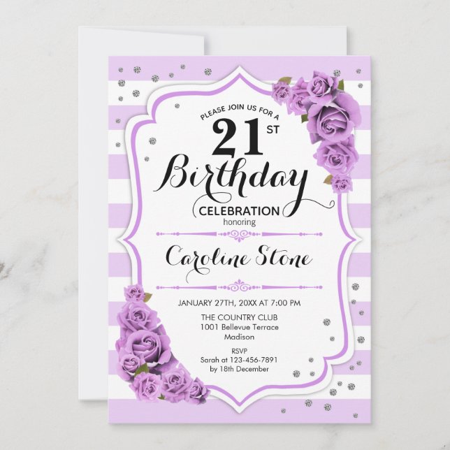 21st Birthday -  Lavender White Purple Flowers Invitation (Front)