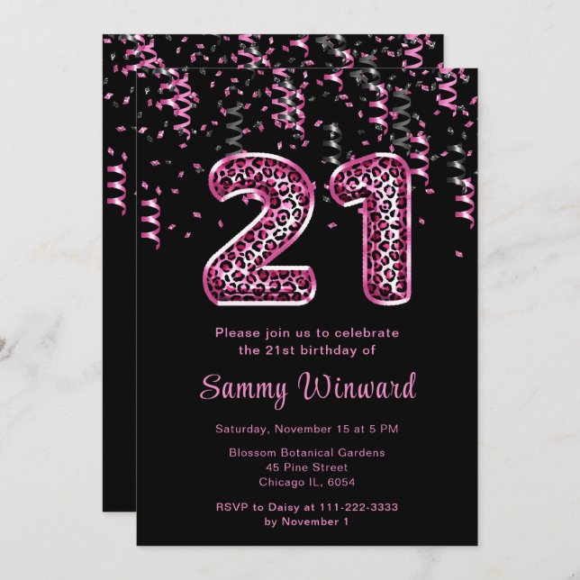 21st Birthday Leopard Print Balloons with Confetti Invitation (Front/Back)