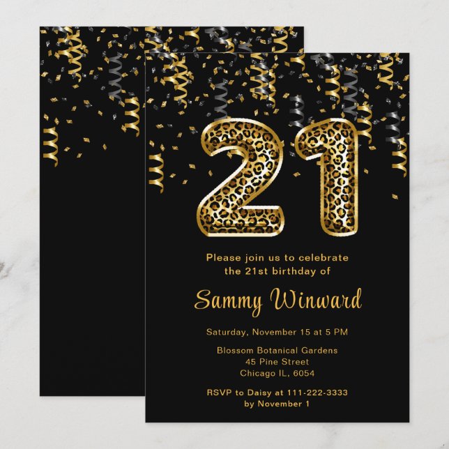21st Birthday Leopard Print Balloons with Confetti Invitation (Front/Back)