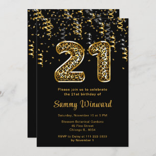 21st Birthday Leopard Print Balloons with Confetti Invitation