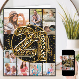 21st Birthday Leopard Print Gold Balloons Photo Card