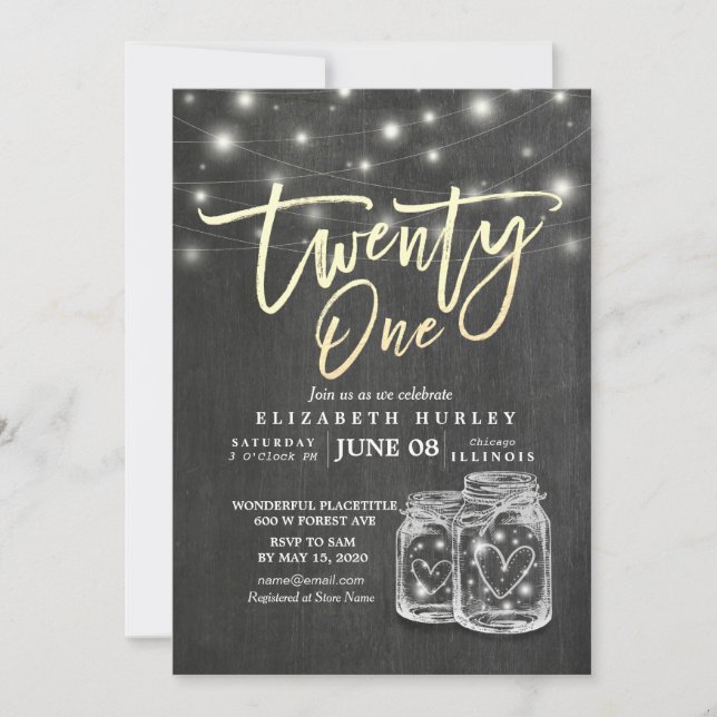 21st Birthday Mason Jars String Lights Chalkboard Invitation (Front)