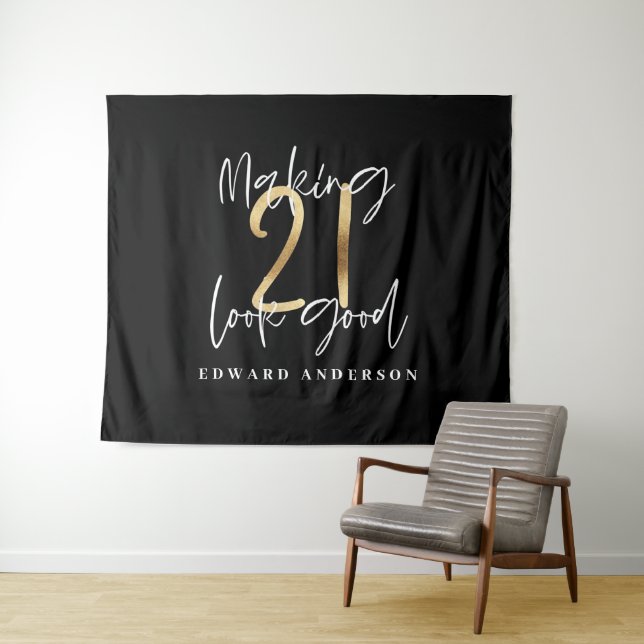 21st birthday modern black and gold stylish tapestry (In Situ (Horizontal))