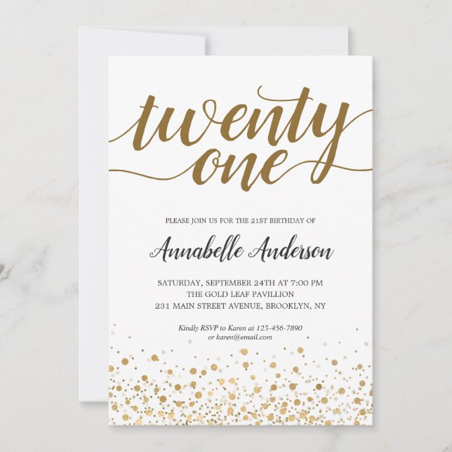 21st Birthday Modern Gold Confetti Dots Script Invitation (Front)
